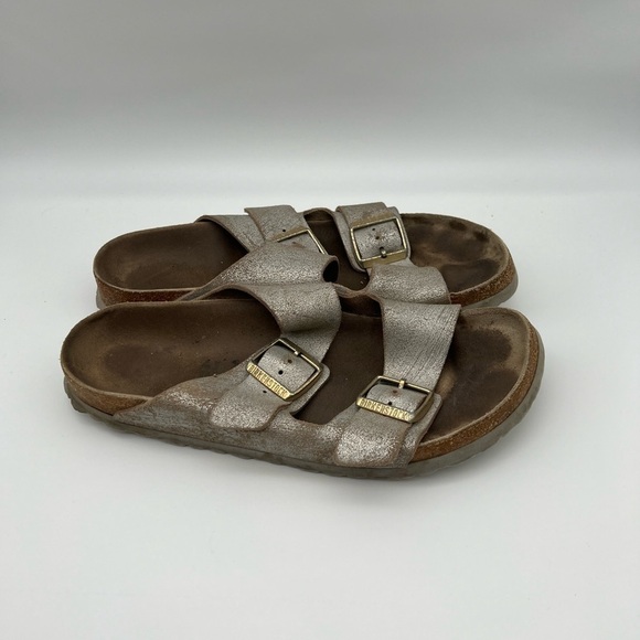 Birkenstock Arizona Leather Washed Metallic Silver Sandal - Picture 1 of 10
